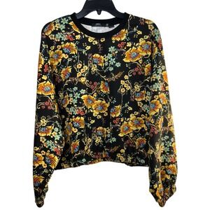 OBEY Floral Sweatshirt Medium Organic Cotton Elastic Hem Crop Pullover Top